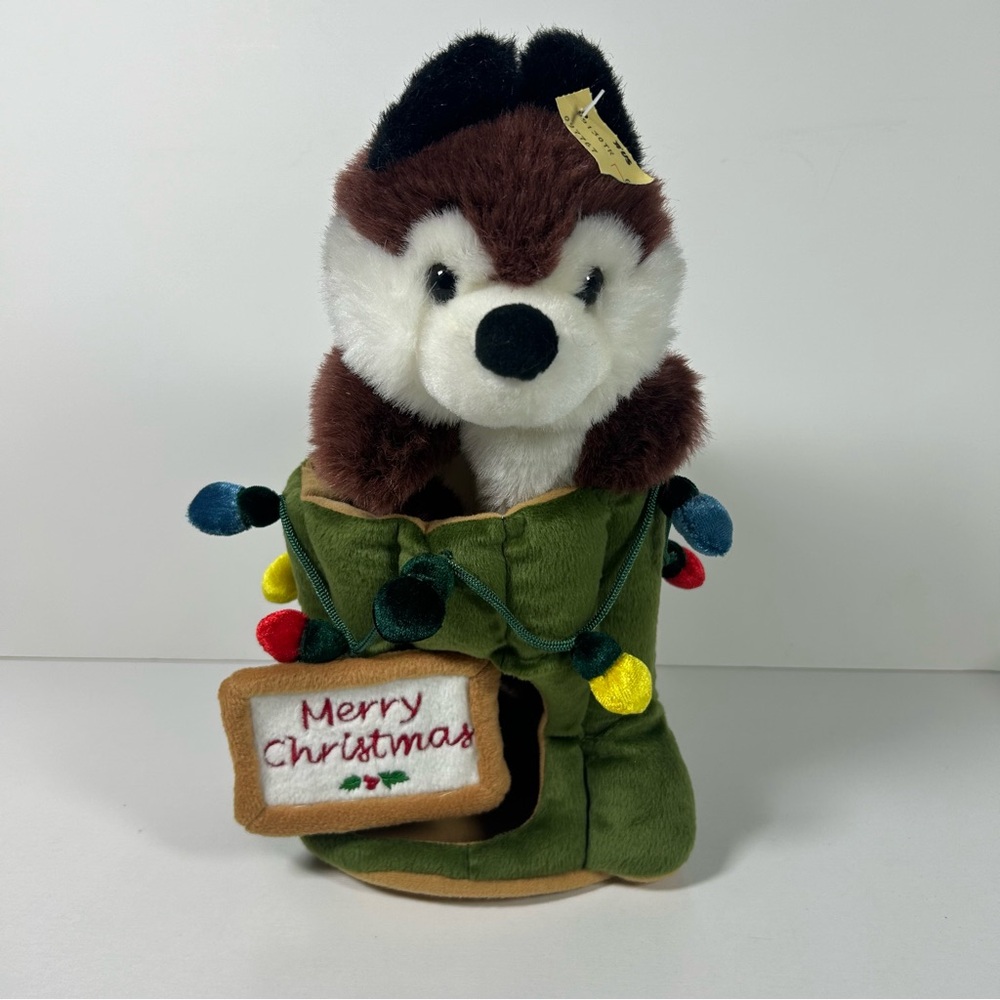 Fox puppet Plush E&J Classic with Treestump decorated with Christmas lights New